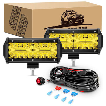 2 Pcs 6.5 Inch 120W Triple Row Flood Amber LED Pods with 16AWG 3Pin Wiring Harness-2 Leads